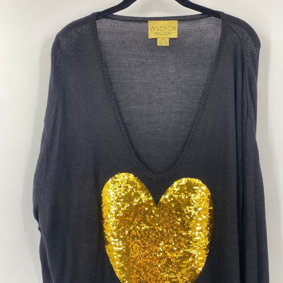 Wildfox Sweater Plunging V Neck Gold Sequins Heart Graphic Black Womens Medium - Picture 4 of 8
